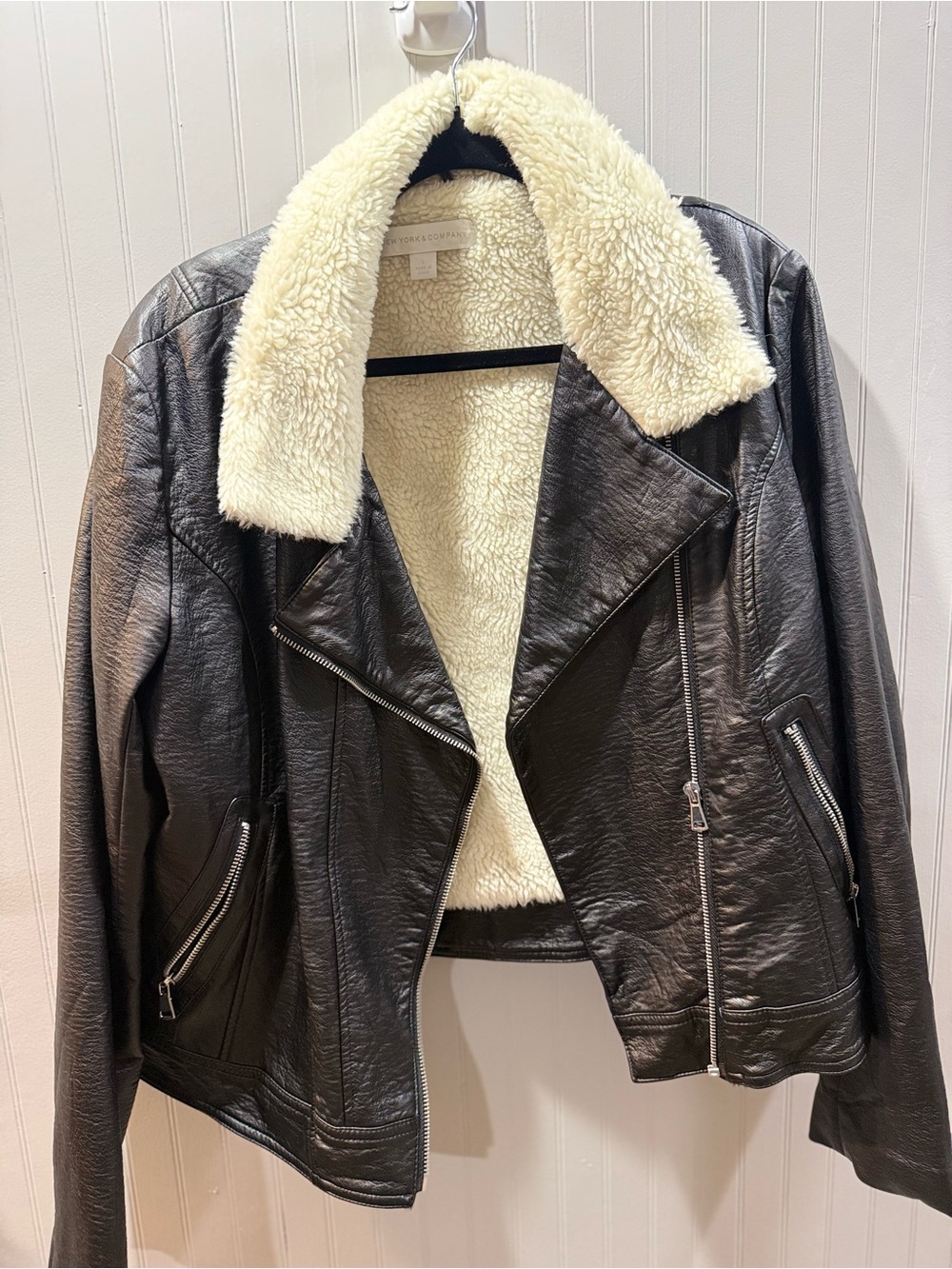 New York‎ & Company Black Faux Leather Moto Jacket with Cream Sherpa Collar